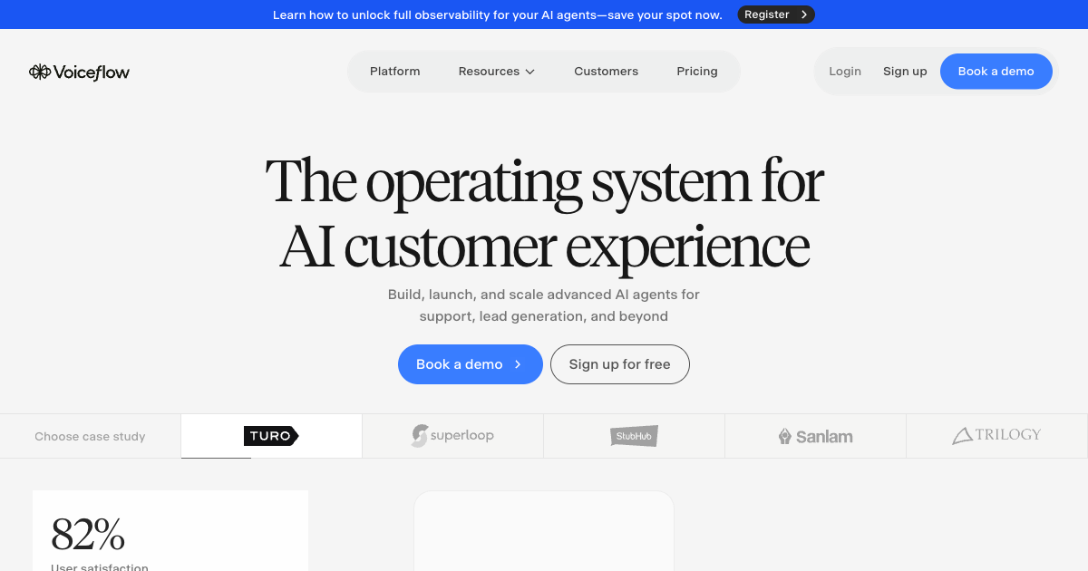 Voiceflow agent builder platform showing visual workflow design for AI agents with multi-step conversation flows