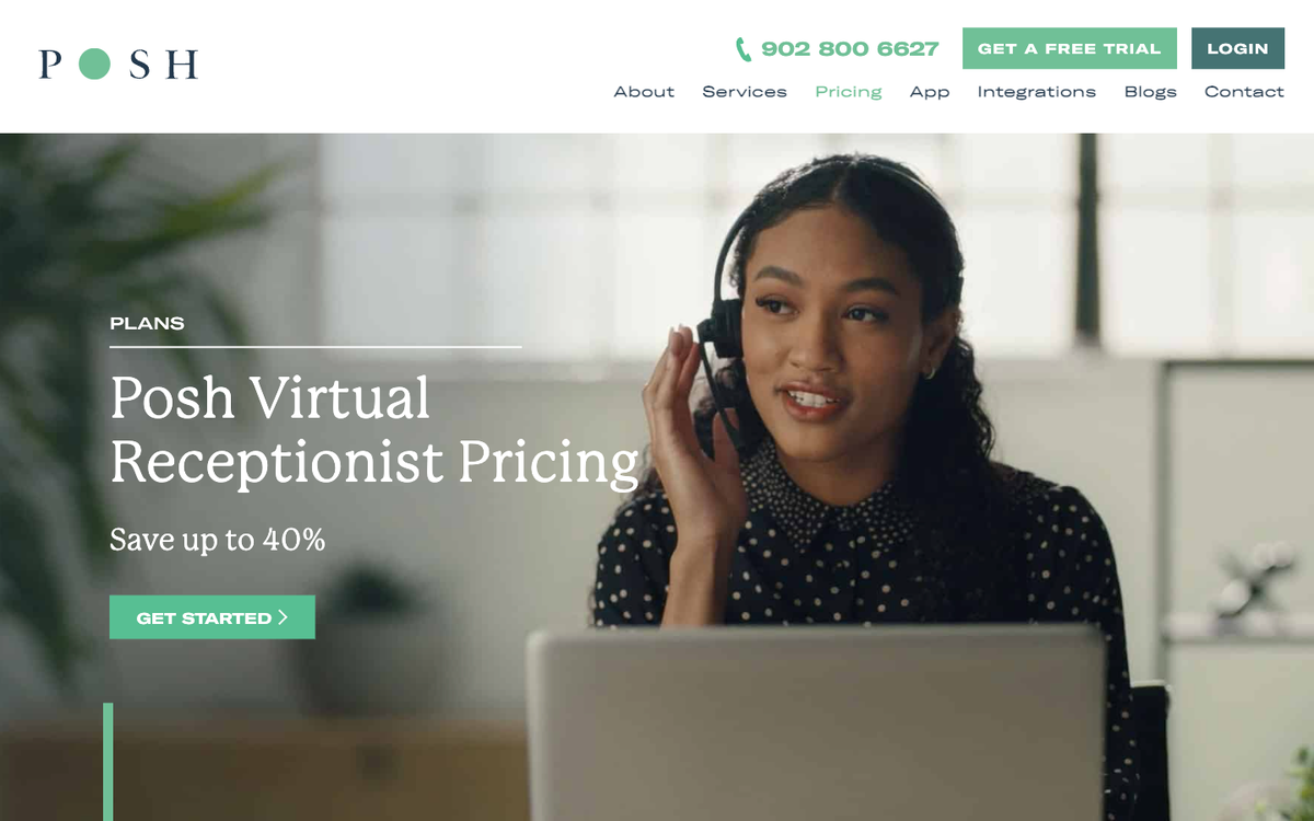 Posh virtual receptionist Canada pricing page showing tiered plans starting at 65 CAD per month with 24/7 live answering