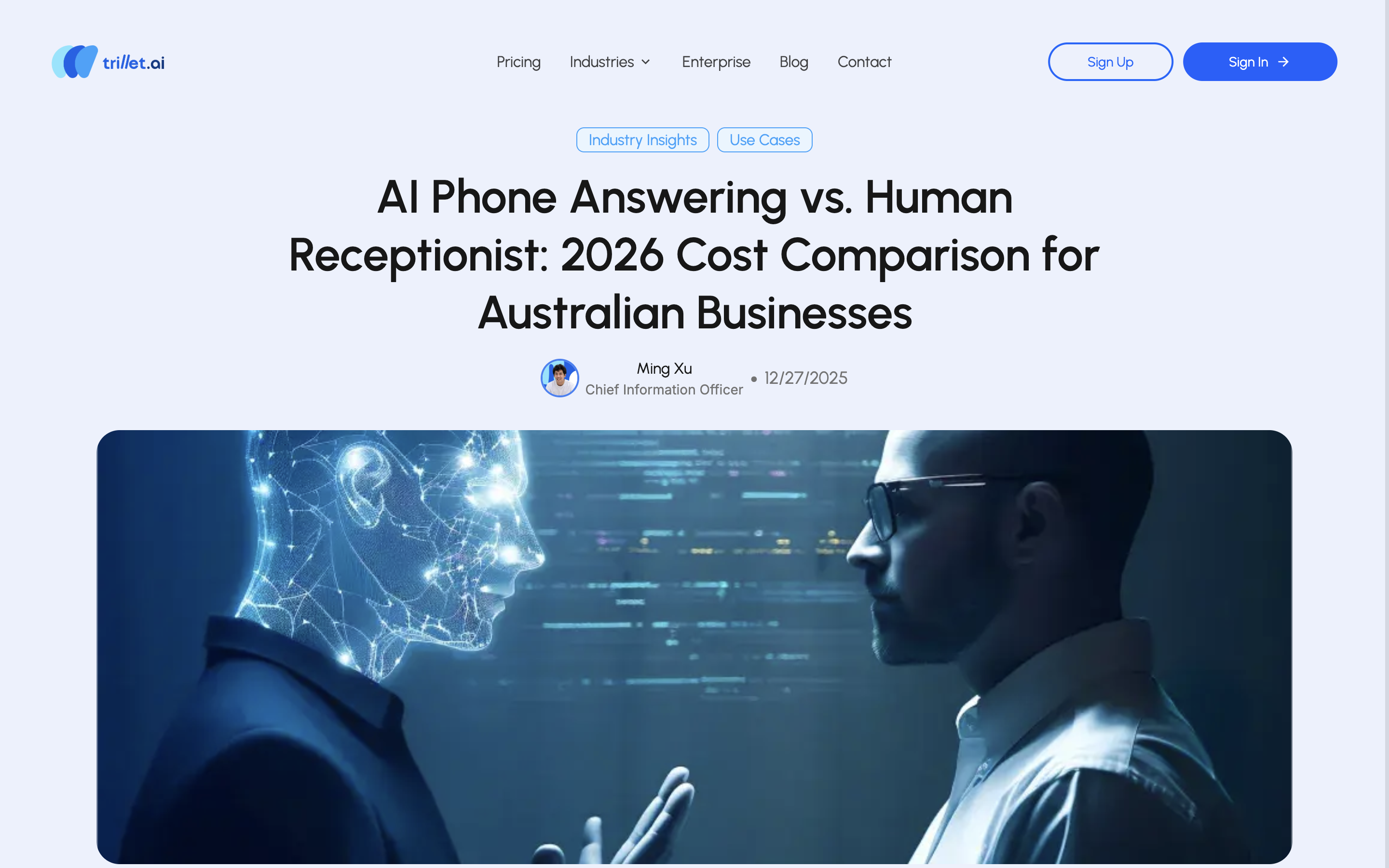 Trillet blog page showing 2026 cost comparison between AI phone answering and human receptionist for Australian businesses