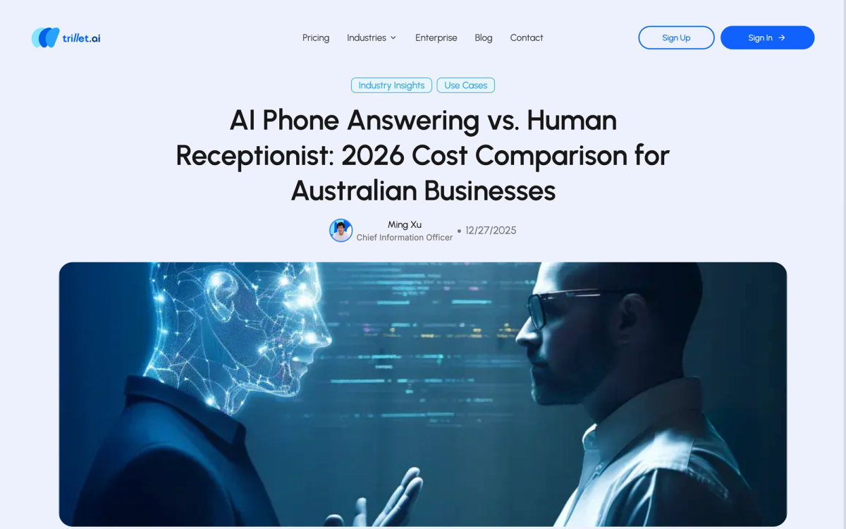 Trillet blog page showing 2026 cost comparison between AI phone answering and human receptionist for Australian businesses
