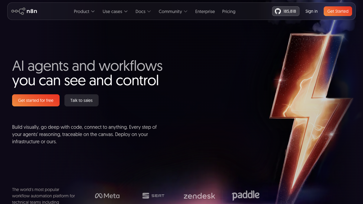 n8n homepage showing the workflow automation platform positioning for technical teams in 2026