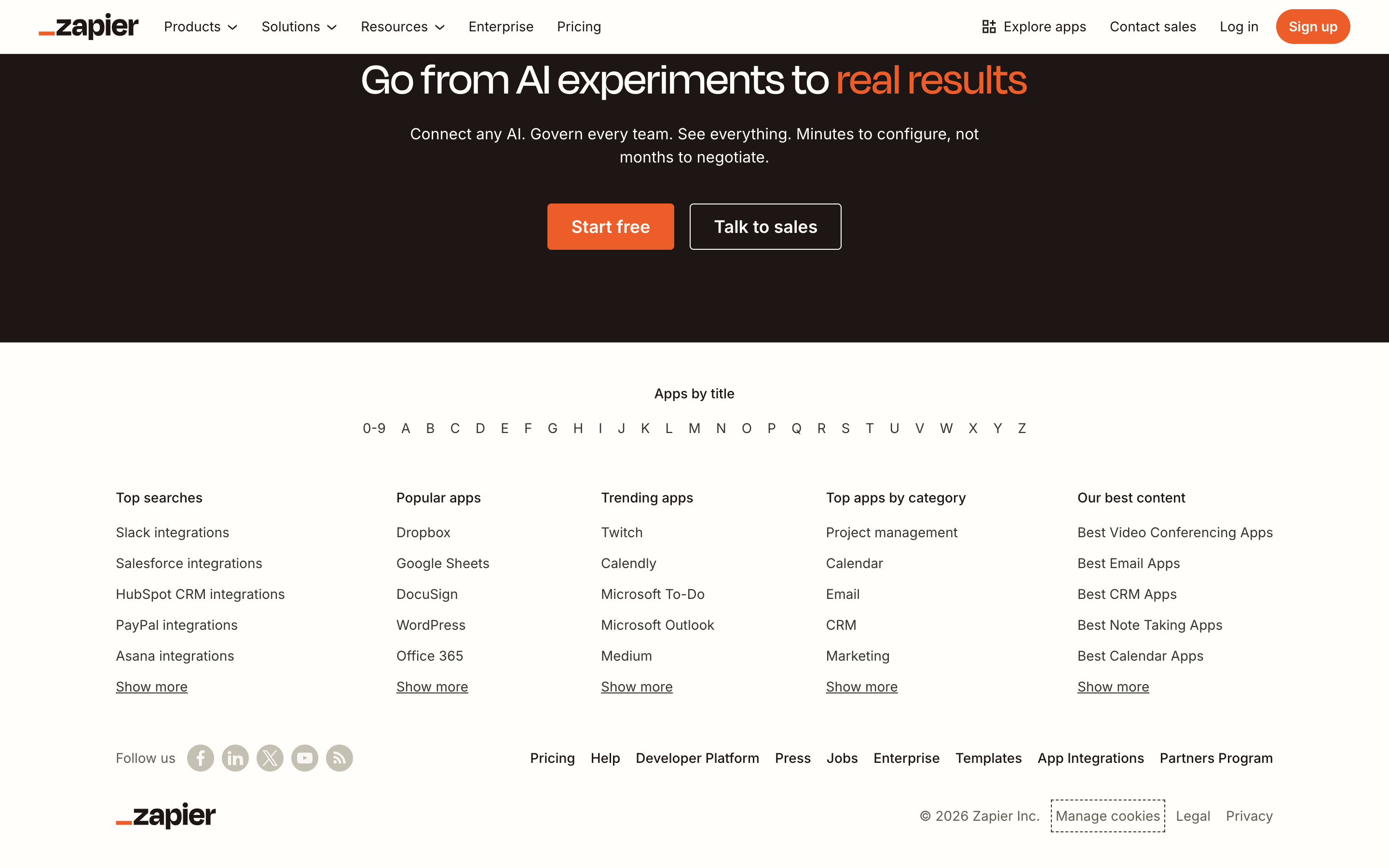 Zapier homepage showing the automation platform used by millions of small businesses to connect apps without code