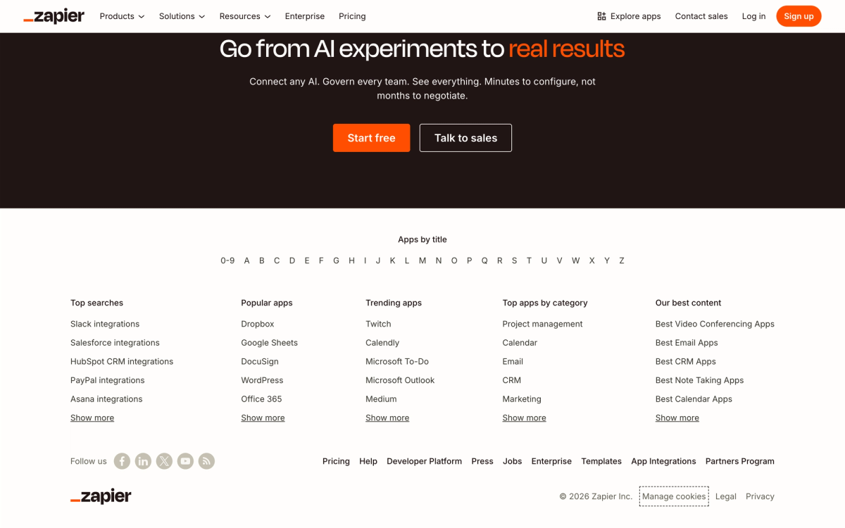 Zapier homepage showing the automation platform used by millions of small businesses to connect apps without code