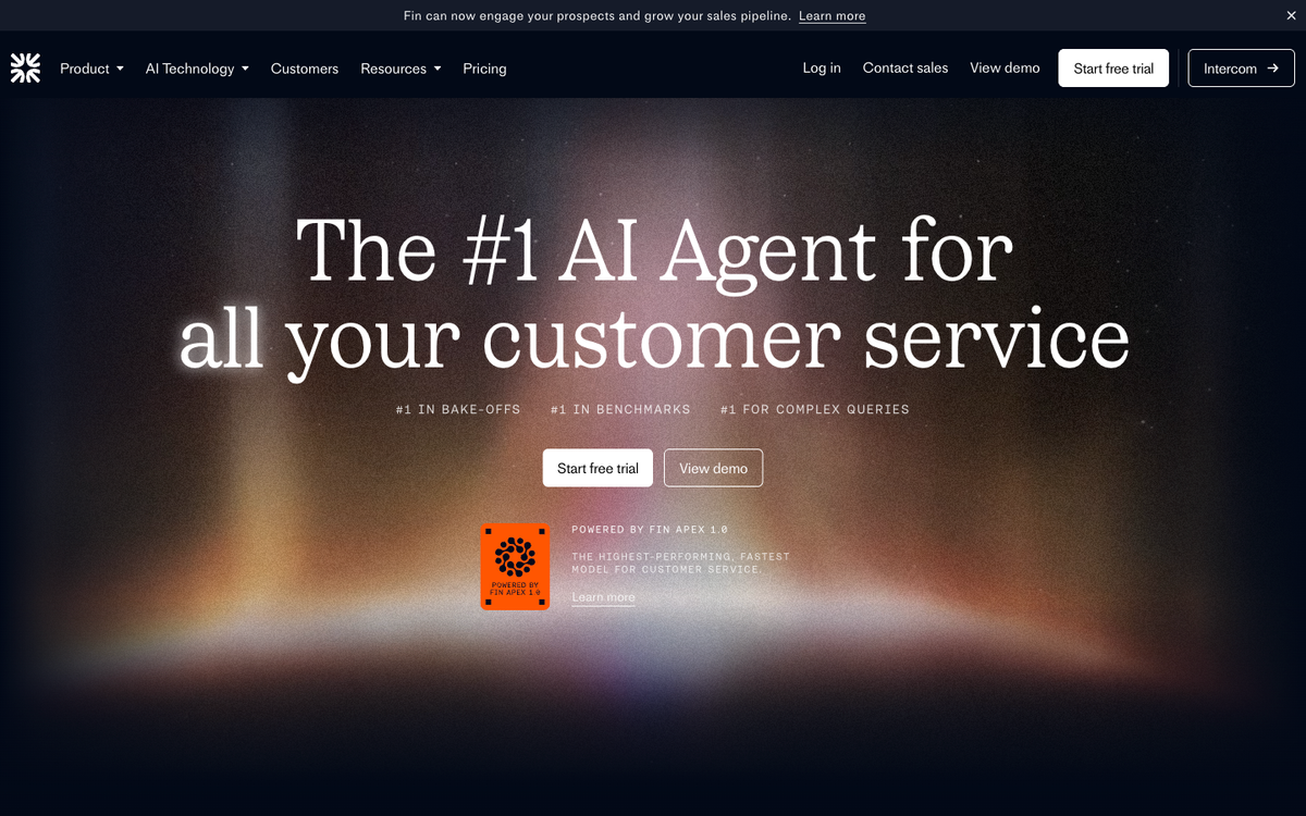 Intercom Fin product page showing the Million Dollar Guarantee and resolution-based AI agent pricing