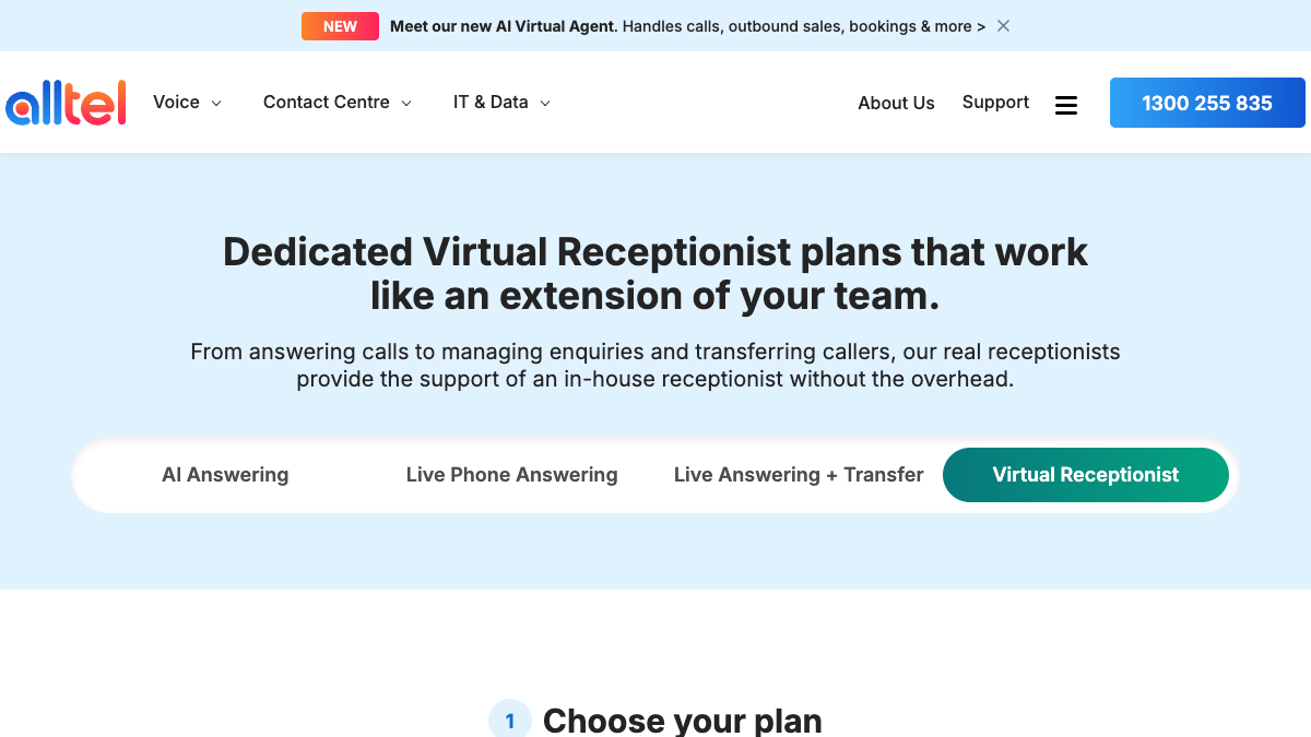 Alltel virtual receptionist plans and pricing page showing Australian call centre answering options for small business