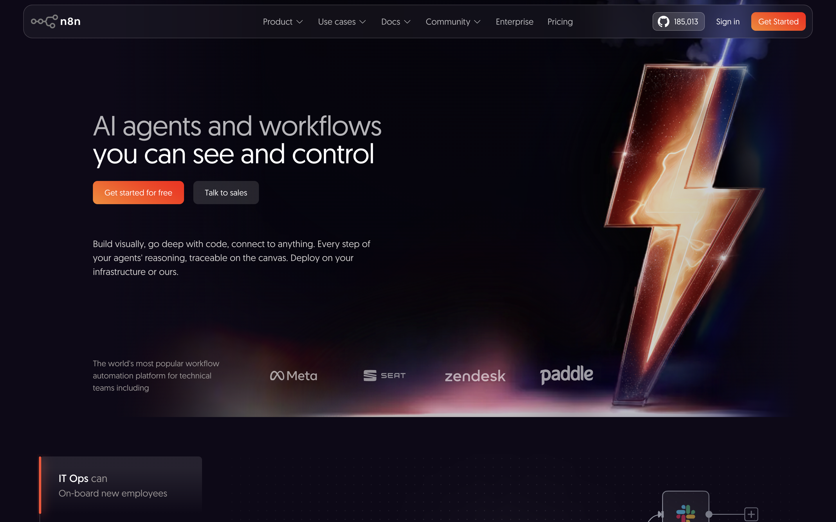 n8n workflow automation platform homepage showing visual node-based pipeline builder for custom AI and data workflows