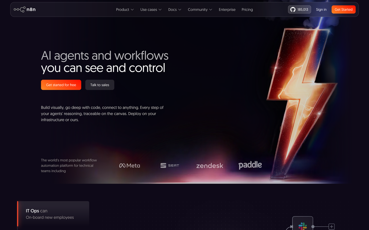 n8n workflow automation platform homepage showing visual node-based pipeline builder for custom AI and data workflows