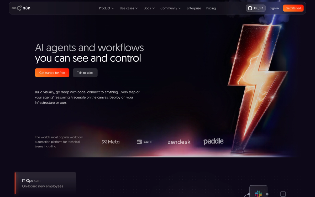 n8n workflow automation platform homepage showing visual node-based pipeline builder for custom AI and data workflows