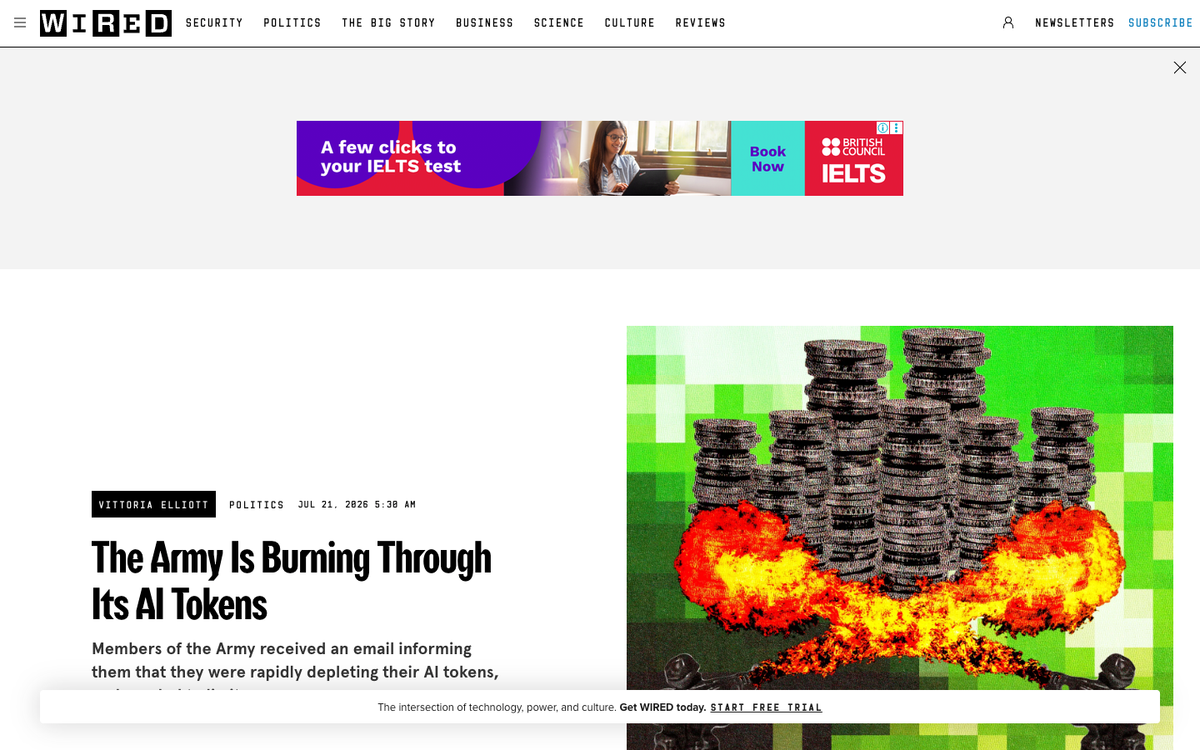 Wired article headlined The Army Is Burning Through Its AI Tokens with illustration of coins on fire