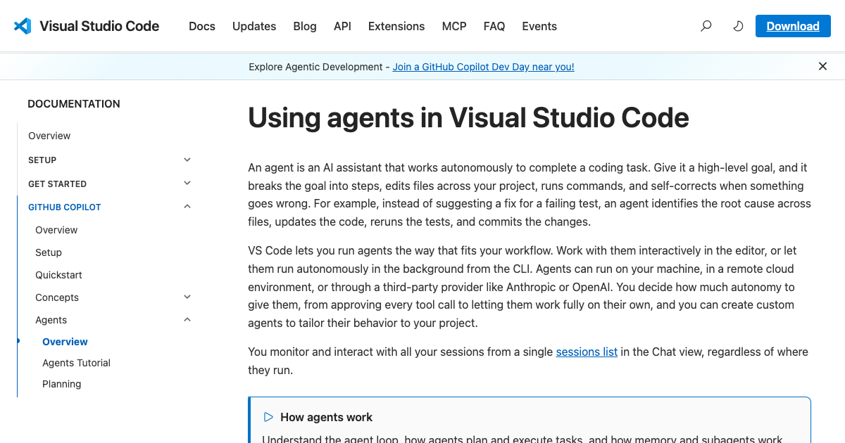 VS Code agents documentation showing MCP integration for developer tools