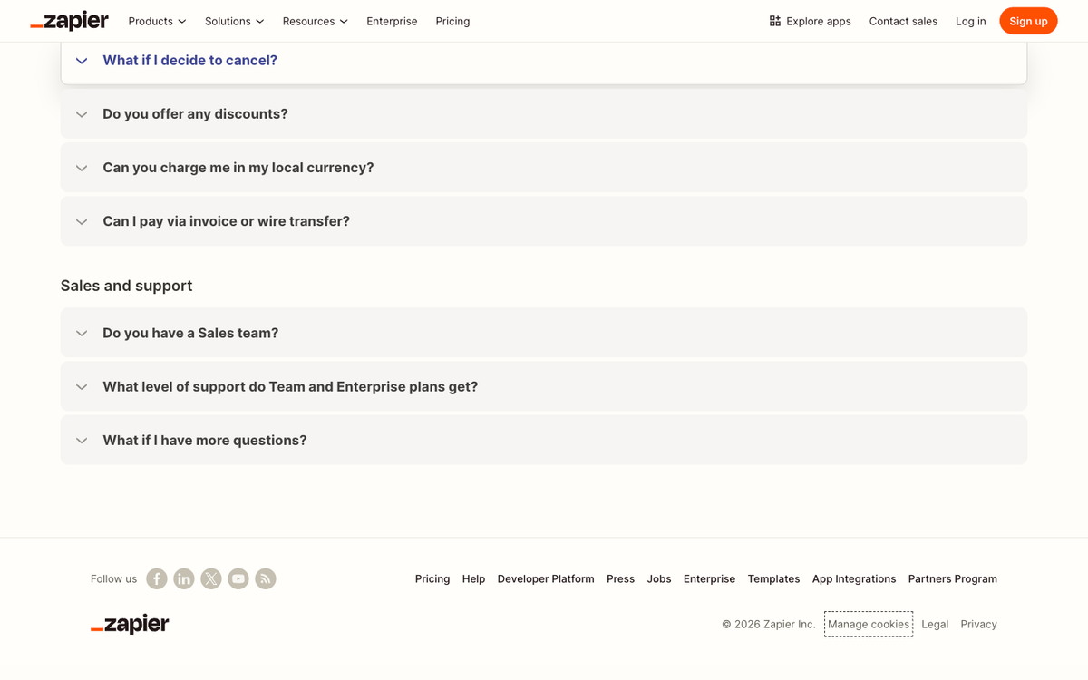 Zapier 2026 pricing page showing Free, Professional, Team, and Enterprise tiers with task-based billing