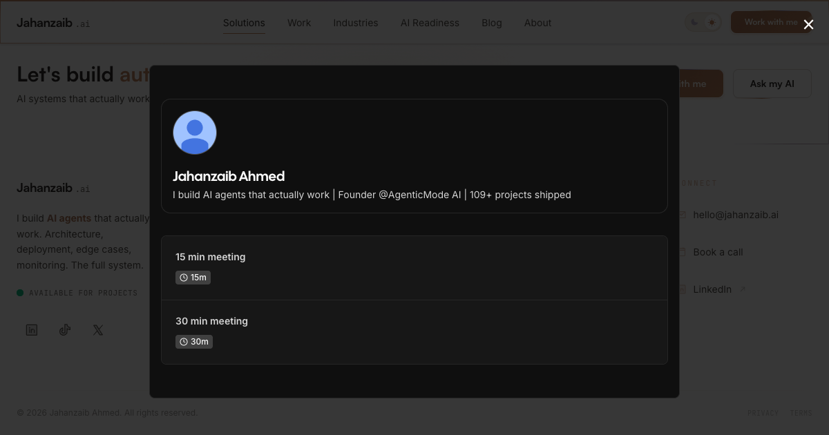 Jahanzaib.ai solutions page showing AI systems packages and custom voice agent deployment services