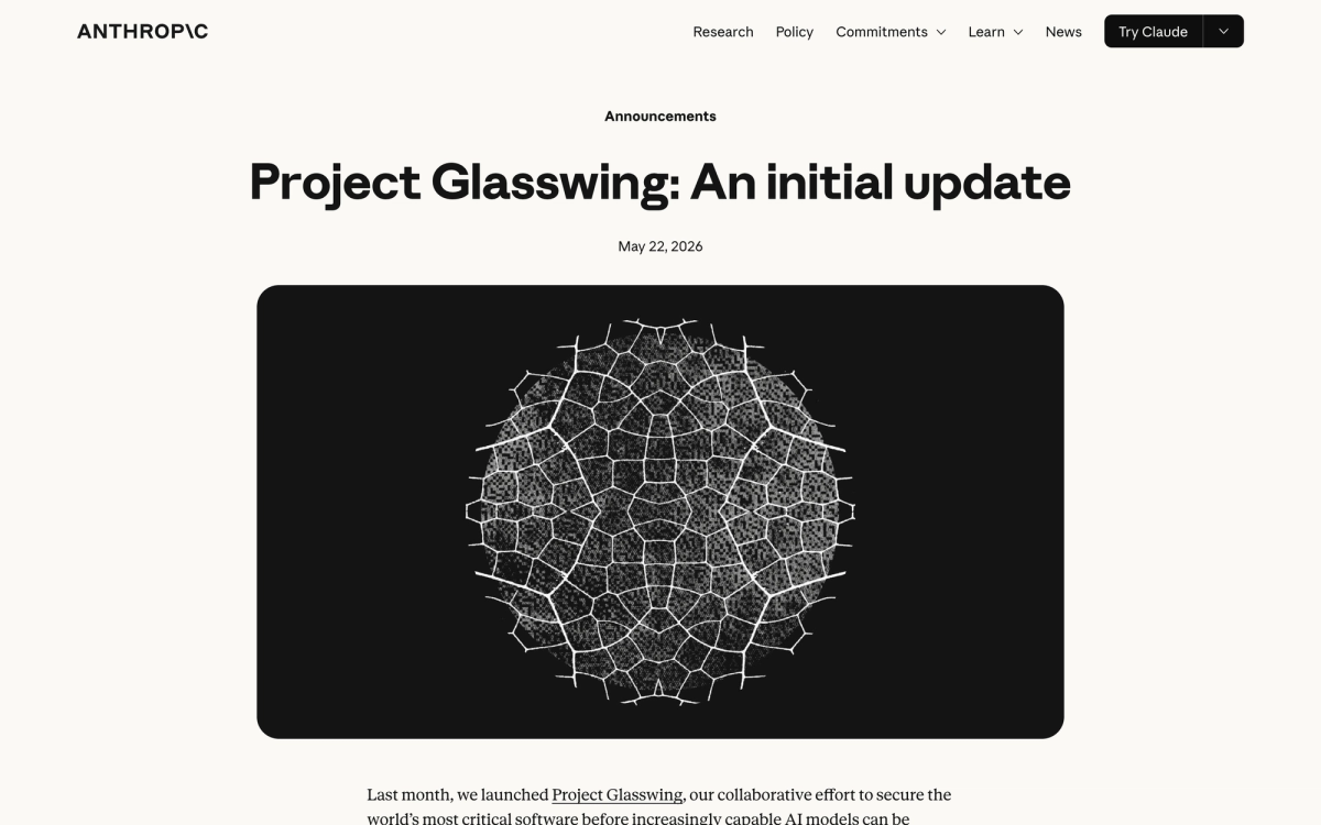 Anthropic announcement page for Project Glasswing, an initial update, dated May 22 2026