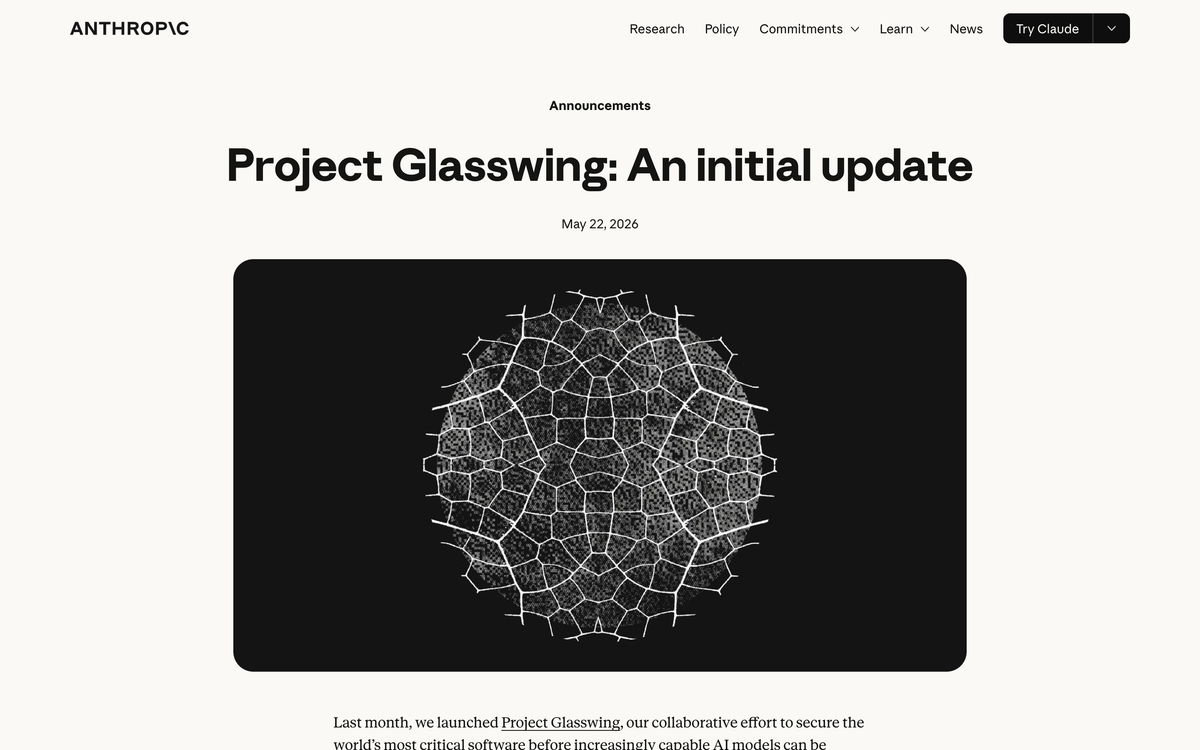 Anthropic announcement page for Project Glasswing, an initial update, dated May 22 2026