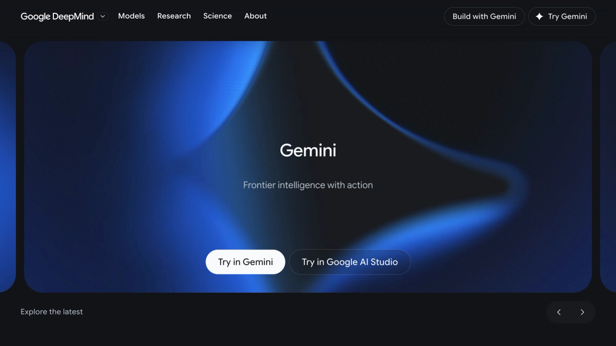 Google DeepMind's Gemini model page, headlined Frontier intelligence with action