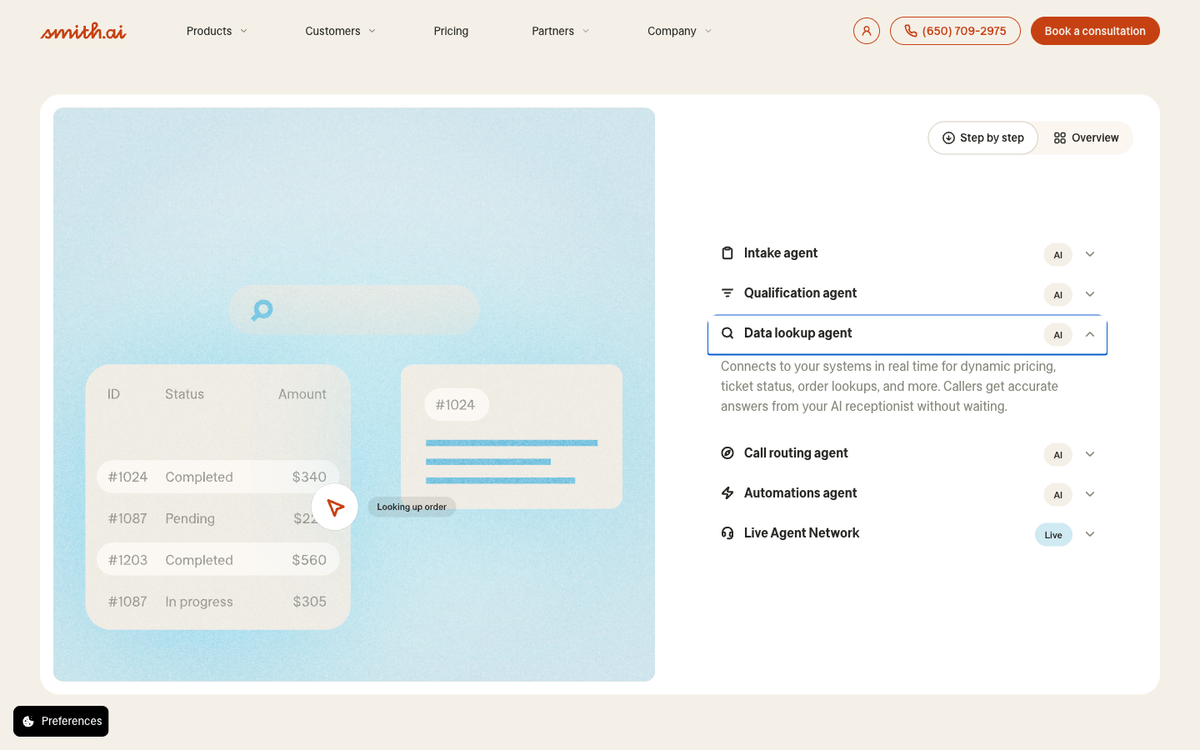 Smith.ai homepage showing AI plus human hybrid virtual receptionist service for small business