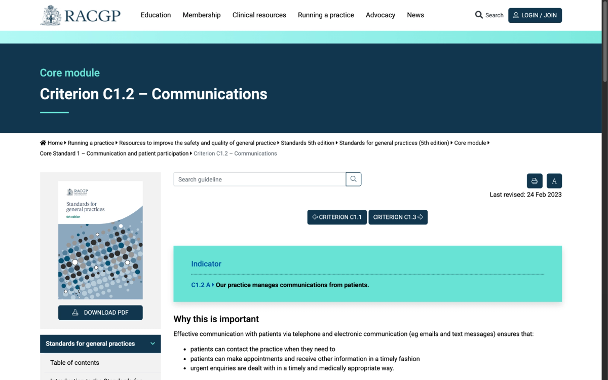 RACGP website showing Criterion C1.2 Communications with indicator C1.2 A our practice manages communications from patients