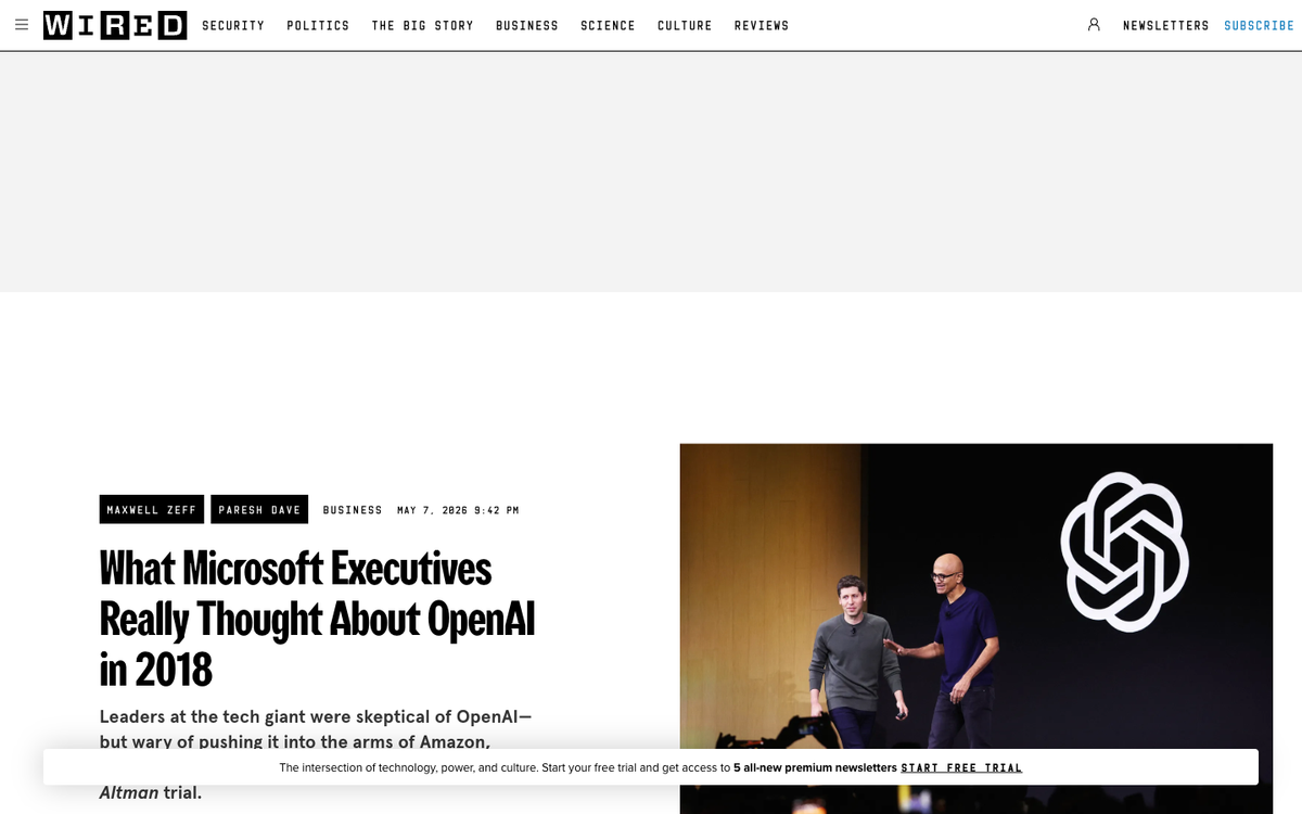 Wired headline reads, What Microsoft Executives Really Thought About OpenAI in 2018