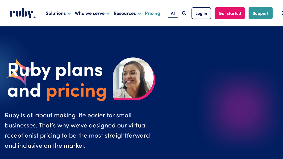 Ruby plans and pricing page showing virtual receptionist tiers with bilingual answering included on every plan