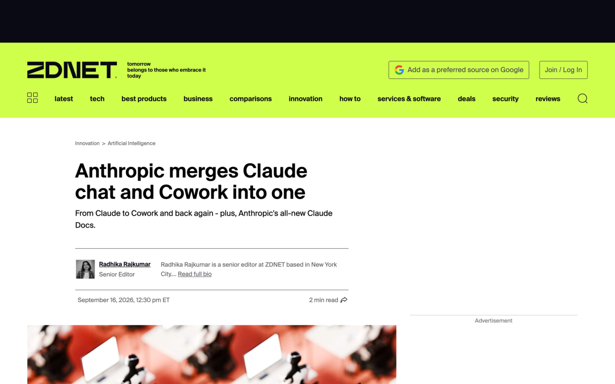 ZDNET article headline reading Anthropic merges Claude chat and Cowork into one, with a subhead mentioning the new Claude Docs