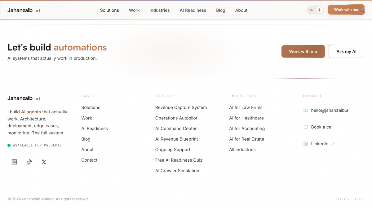 Jahanzaib Ahmed AI solutions page showing AI systems packages for Melbourne and Australian businesses