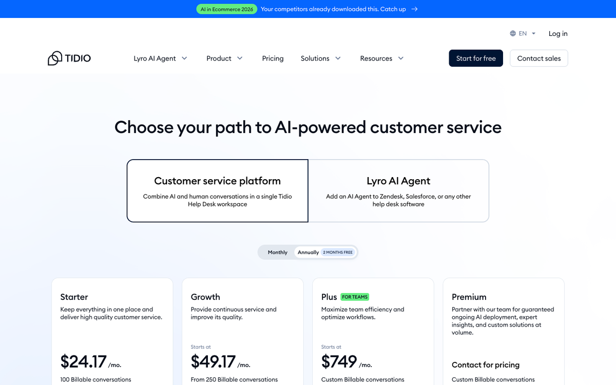 Tidio AI chatbot pricing page showing Starter at $24.17, Growth at $49.17, Plus at $749, and Premium custom plans for 2026