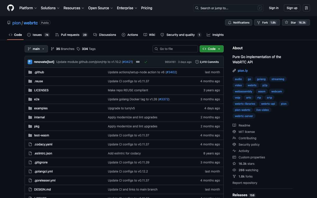 Pion WebRTC GitHub repository, the open-source Go library OpenAI built on