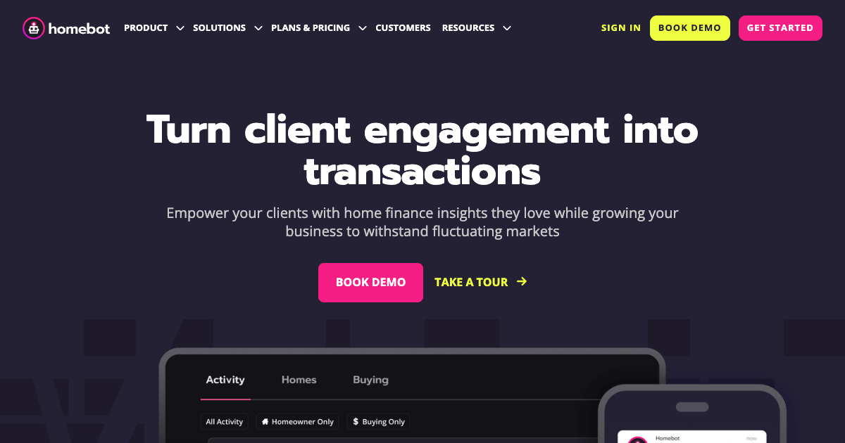 Homebot AI client retention platform homepage showing automated home equity digest and past client engagement tool for real estate agents