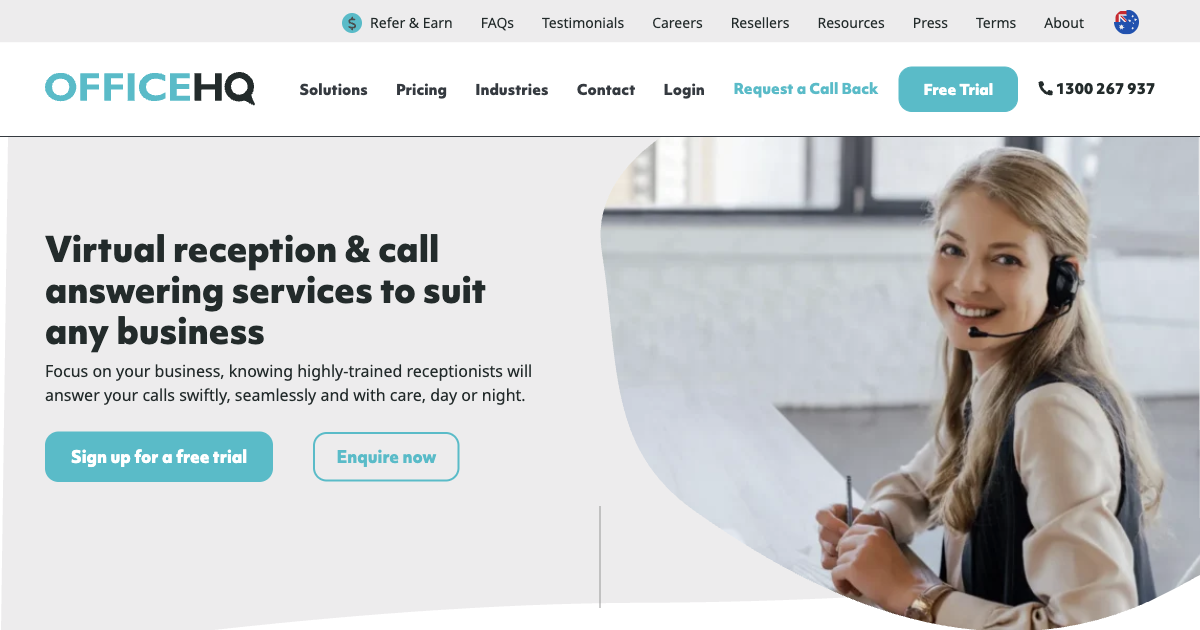 OfficeHQ virtual receptionist service homepage showing Australian-based call answering for Melbourne businesses