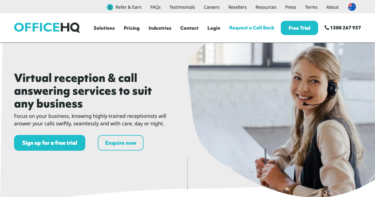 OfficeHQ virtual receptionist service homepage showing Australian-based call answering for Melbourne businesses
