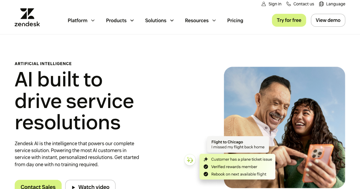 Zendesk AI customer service platform showing AI agent capabilities and automation features