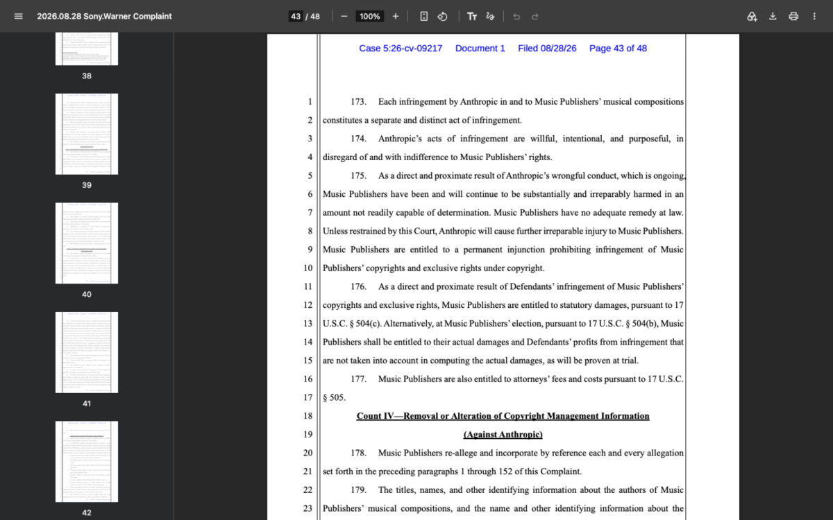 Page 43 of the Sony Music and Warner Chappell complaint showing the heading Count IV, Removal or Alteration of Copyright Management Information, against Anthropic, in case 5:26-cv-09217