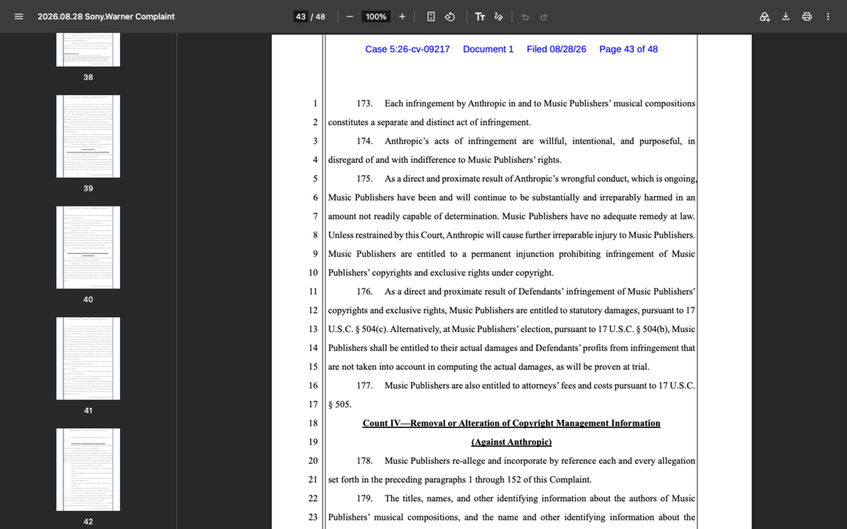 Page 43 of the Sony Music and Warner Chappell complaint showing the heading Count IV, Removal or Alteration of Copyright Management Information, against Anthropic, in case 5:26-cv-09217