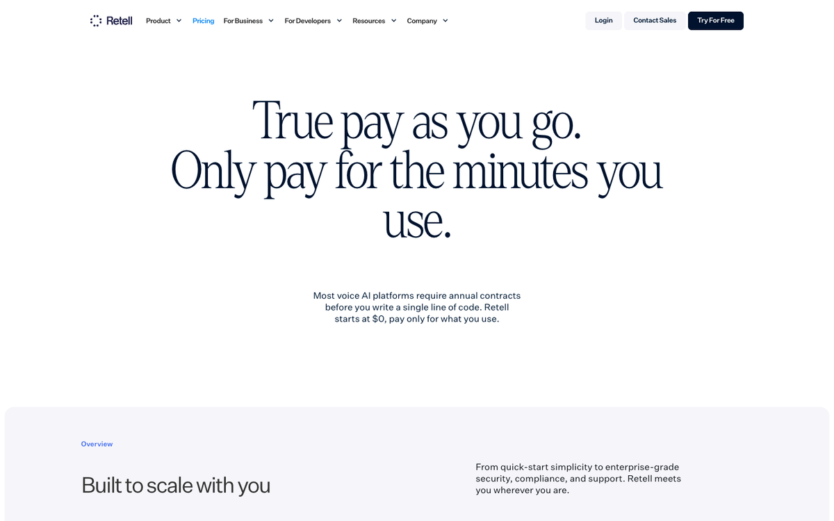 Retell AI pricing page stating true pay as you go billing with charges only for voice agent minutes used
