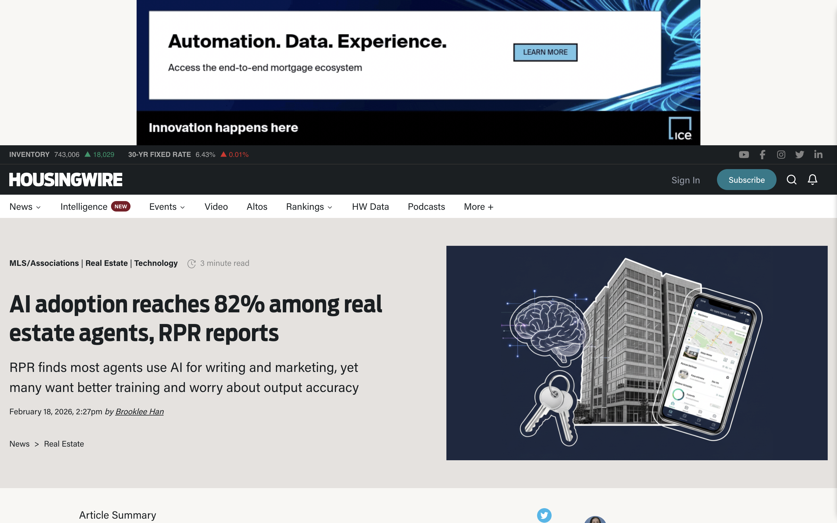 HousingWire article showing RPR and NAR survey results: 82% of real estate agents now use AI tools in their business in 2026