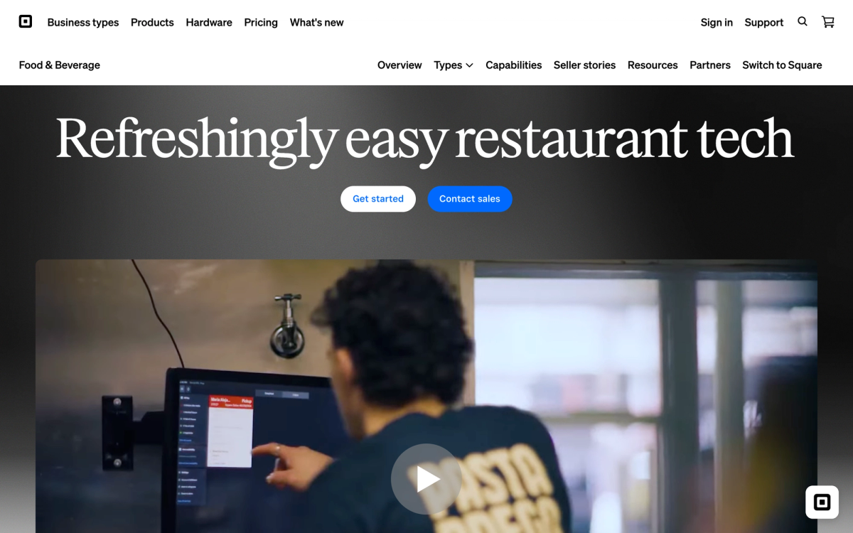 Square Food and Beverage restaurant point of sale product page showing a staff member using a Square terminal