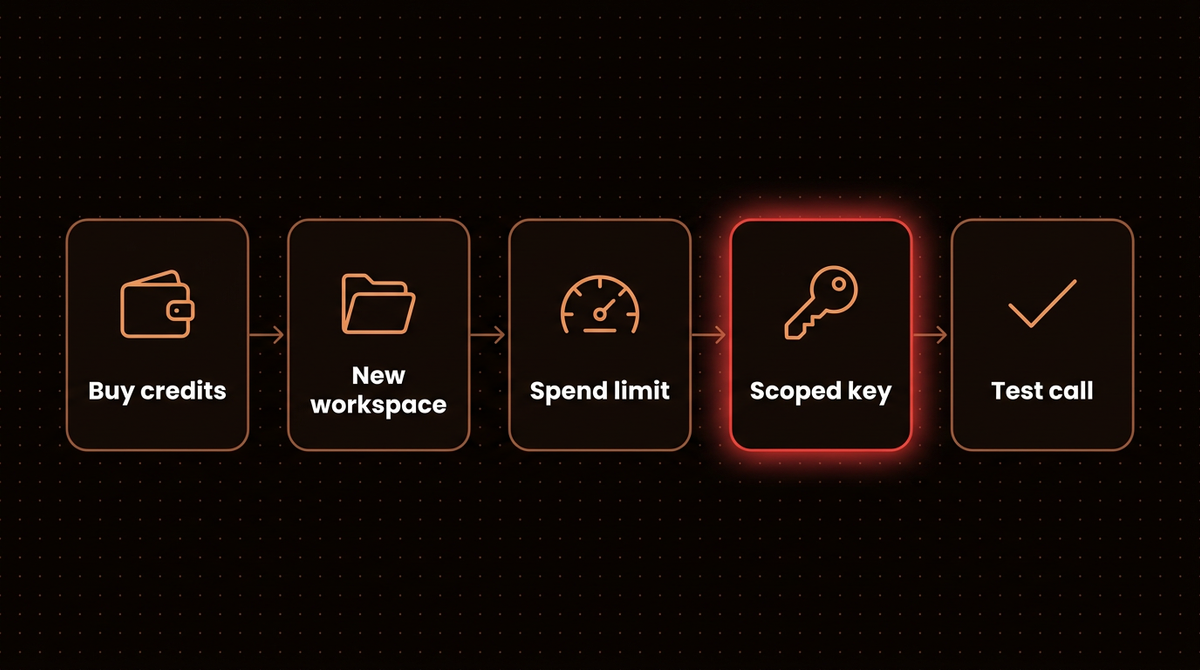 Five step setup order for a Claude API key: buy credits, new workspace, spend limit, scoped key, test call