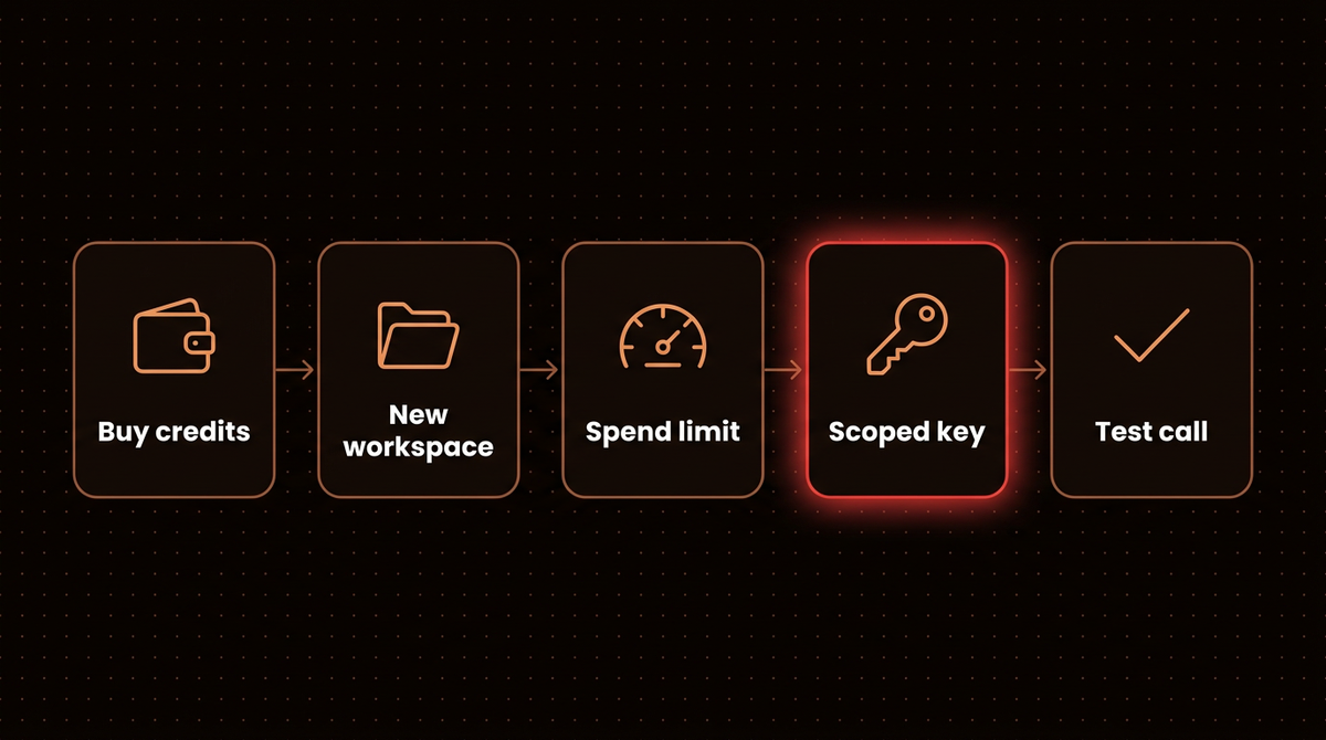Five step setup order for a Claude API key: buy credits, new workspace, spend limit, scoped key, test call