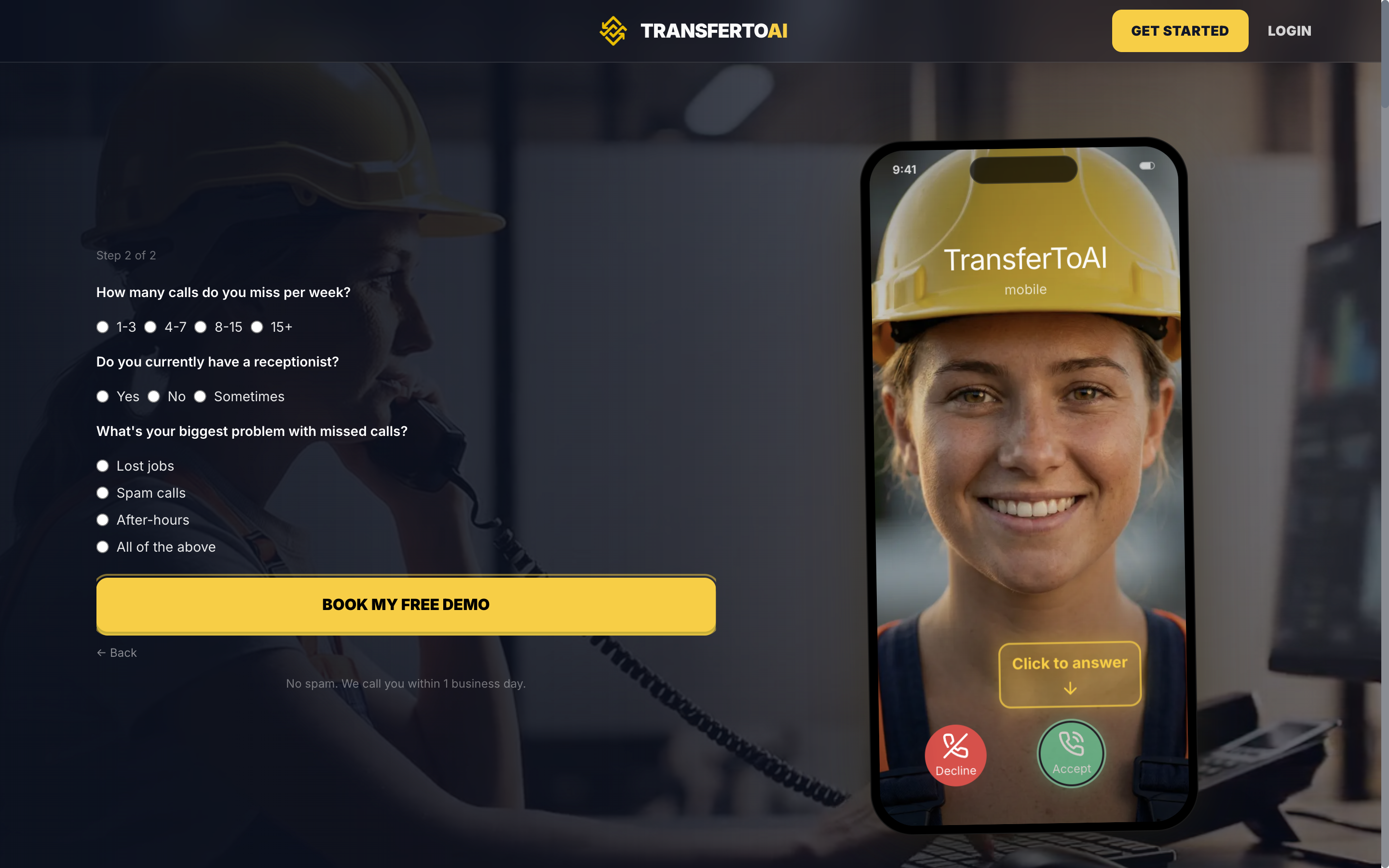 TransferToAI homepage showing Australian built AI answering service for tradies and small businesses starting at 99 AUD per month