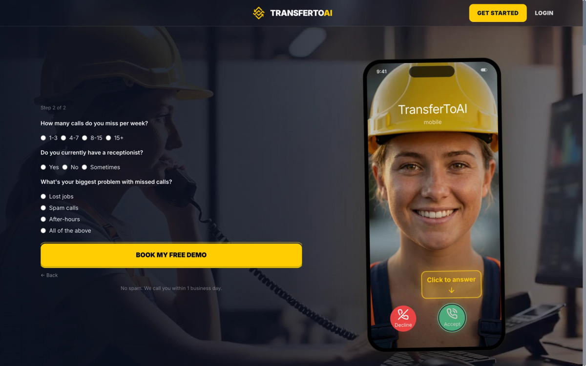 TransferToAI homepage showing Australian built AI answering service for tradies and small businesses starting at 99 AUD per month