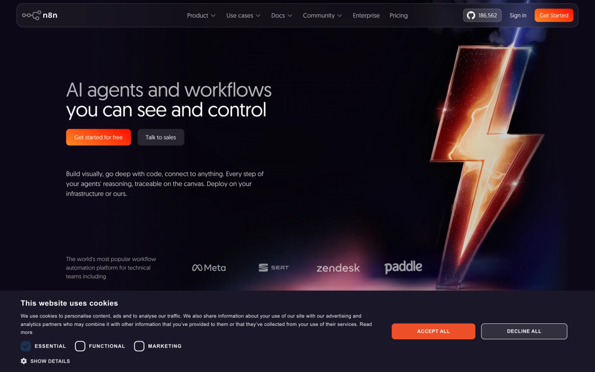 n8n workflow automation homepage showing visual workflow editor