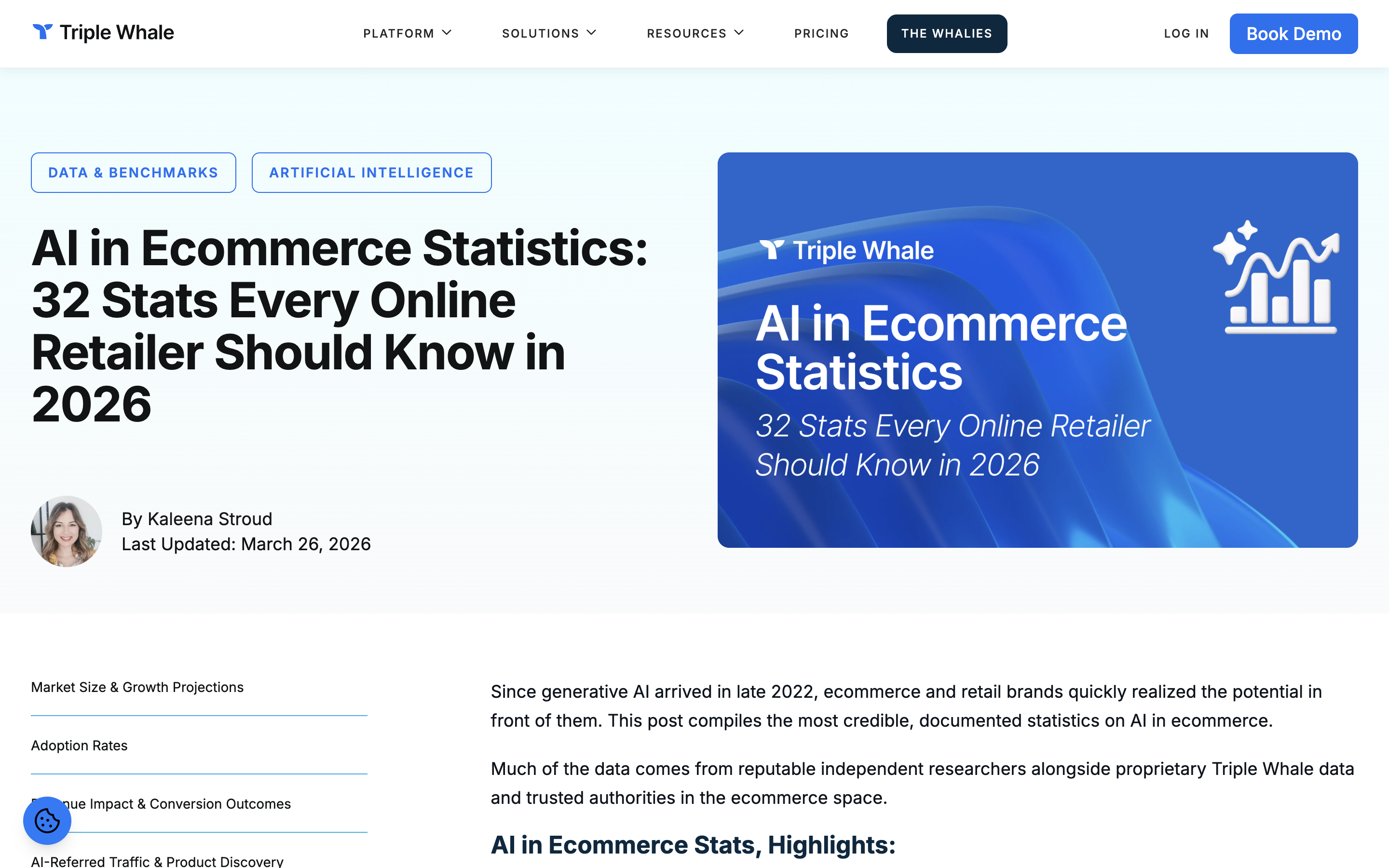 Triple Whale ecommerce AI statistics blog showing adoption rates across use cases in 2026