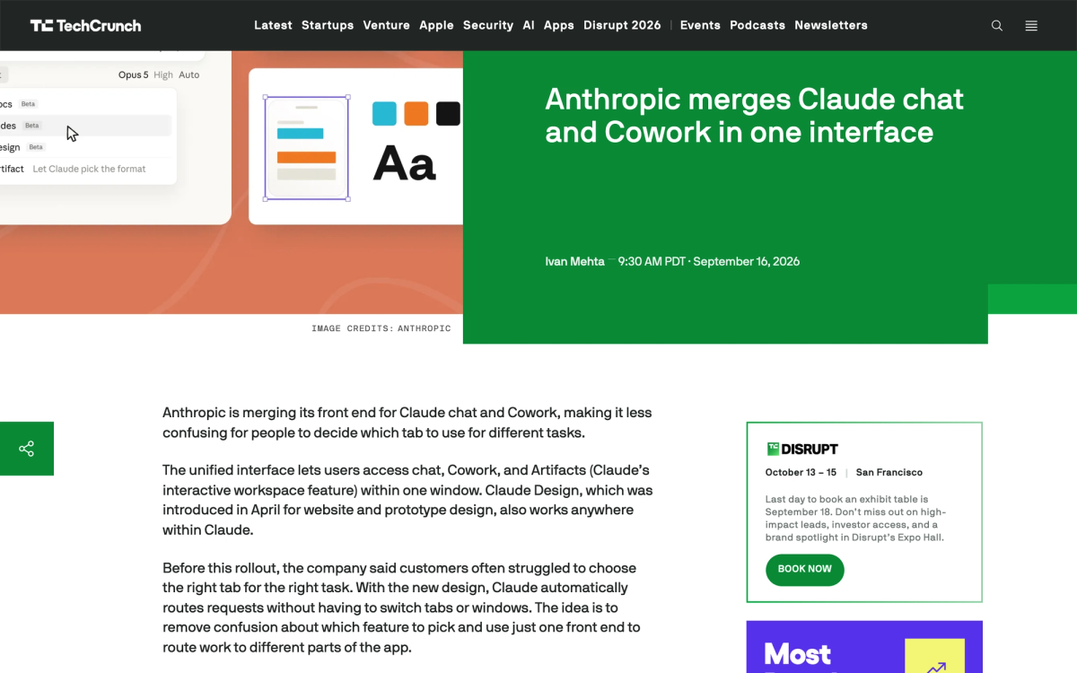 TechCrunch article by Ivan Mehta on Anthropic merging Claude chat and Cowork, showing the new interface with Docs, Slides and Design marked Beta