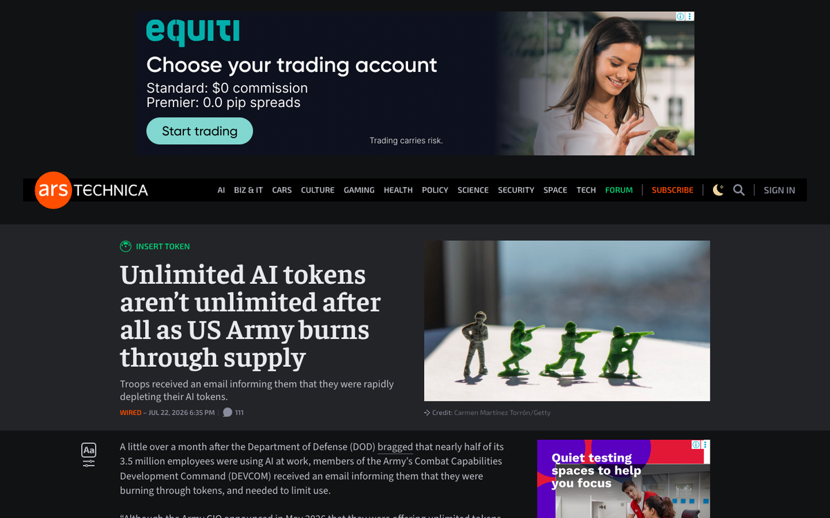 Ars Technica article headlined Unlimited AI tokens aren't unlimited after all as US Army burns through supply
