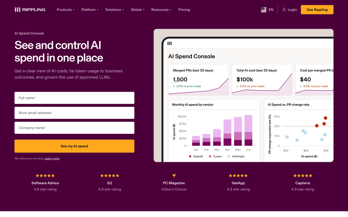 Rippling AI Spend Console product page reading See and control AI spend in one place, with a dashboard showing merged PRs, total AI cost and cost per merged PR