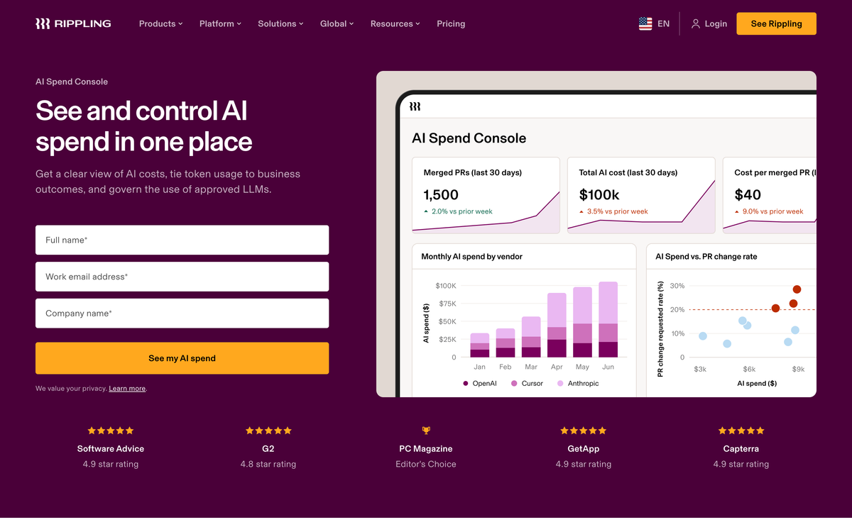 Rippling AI Spend Console product page reading See and control AI spend in one place, with a dashboard showing merged PRs, total AI cost and cost per merged PR
