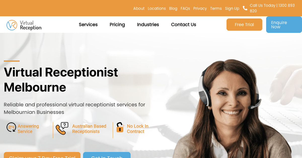 Virtual Reception Melbourne location page showing Australian-based receptionist services with no lock-in contracts