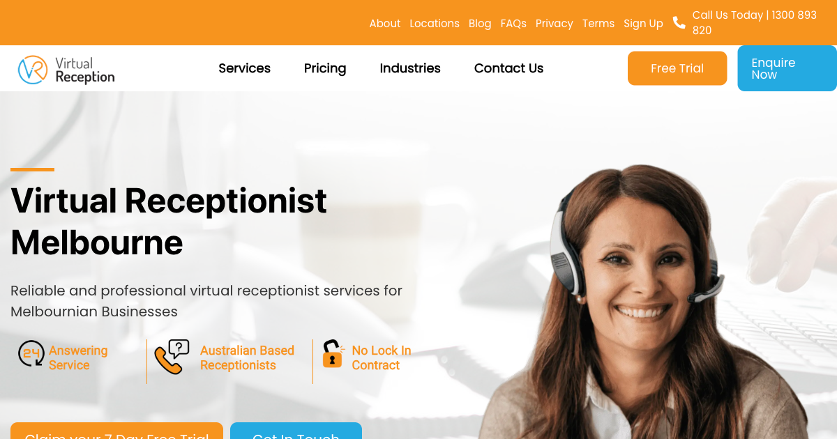 Virtual Reception Melbourne location page showing Australian-based receptionist services with no lock-in contracts
