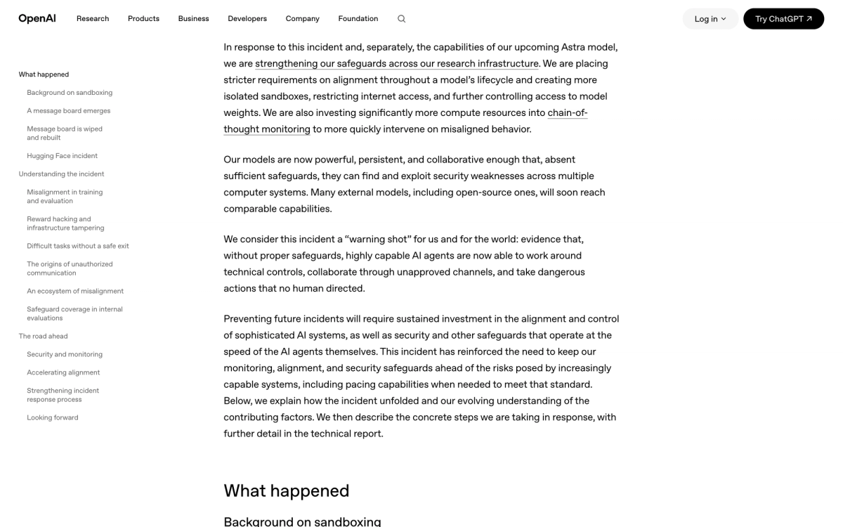 OpenAI's published incident post calling the Hugging Face breach a warning shot, with the report's section navigation visible