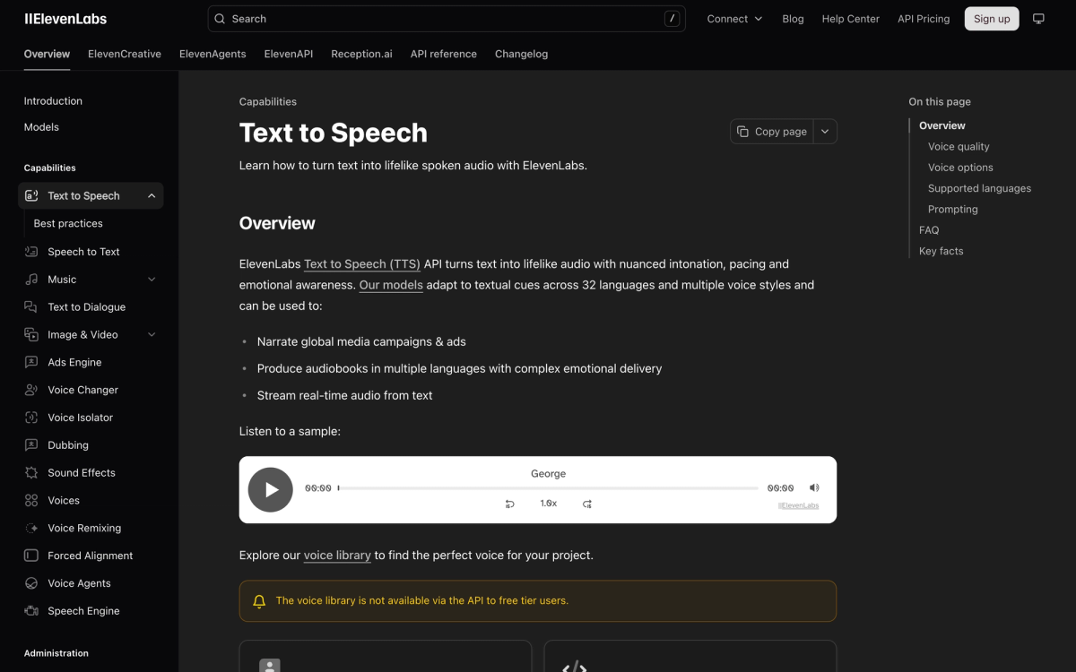 ElevenLabs text to speech documentation stating its models adapt to textual cues across 32 languages and multiple voice styles